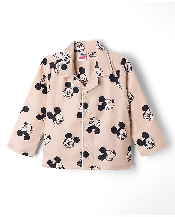 Babyhug Disney 100% Cotton Woven Full Sleeves Co-Ord Shirt And Pyjama Night Suit With Mickey Mouse Print- Beige