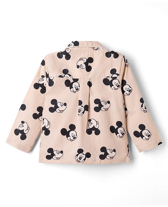 Babyhug Disney 100% Cotton Woven Full Sleeves Co-Ord Shirt And Pyjama Night Suit With Mickey Mouse Print- Beige