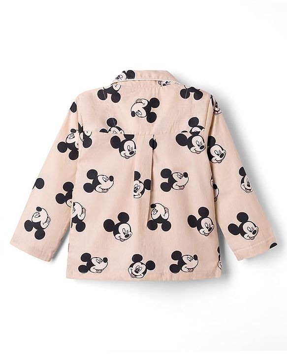Babyhug Disney 100% Cotton Woven Full Sleeves Co-Ord Shirt And Pyjama Night Suit With Mickey Mouse Print- Beige