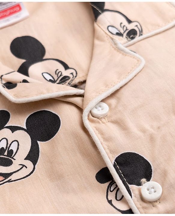 Babyhug Disney 100% Cotton Woven Full Sleeves Co-Ord Shirt And Pyjama Night Suit With Mickey Mouse Print- Beige