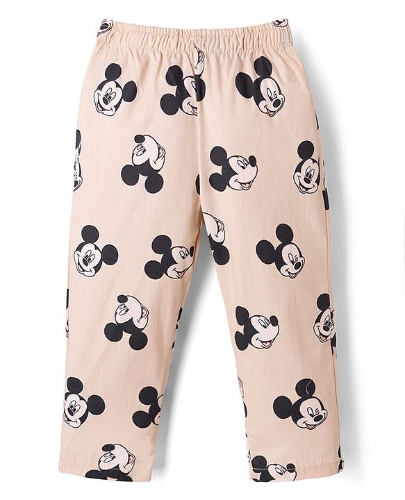 Babyhug Disney 100% Cotton Woven Full Sleeves Co-Ord Shirt And Pyjama Night Suit With Mickey Mouse Print- Beige