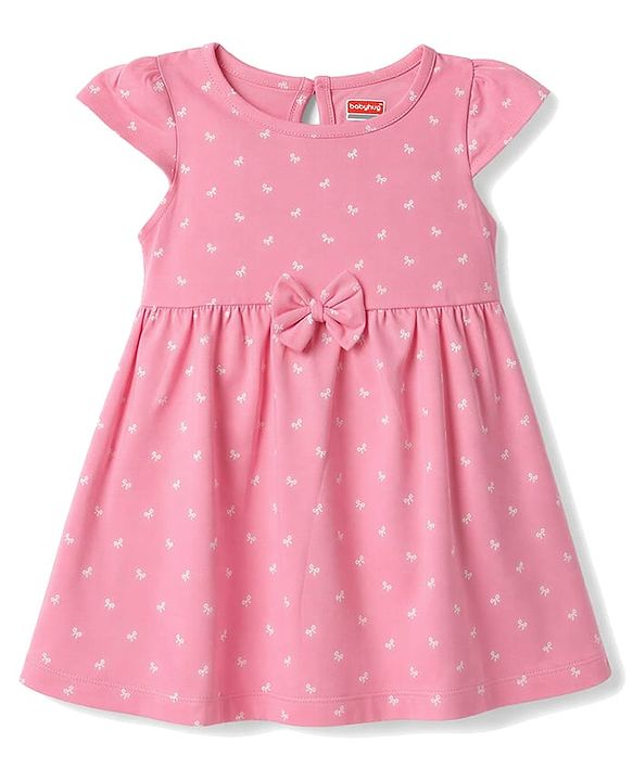 Babyhug Single Jersey Knit Half Sleeves Bow & Floral Printed Frock With Bow Applique Pack of 2 - Pink & Navy Blue