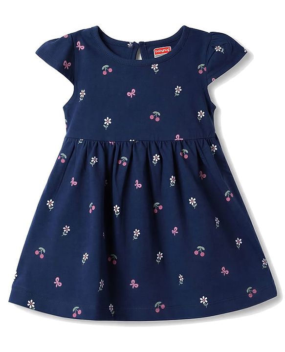 Babyhug Single Jersey Knit Half Sleeves Bow & Floral Printed Frock With Bow Applique Pack of 2 - Pink & Navy Blue