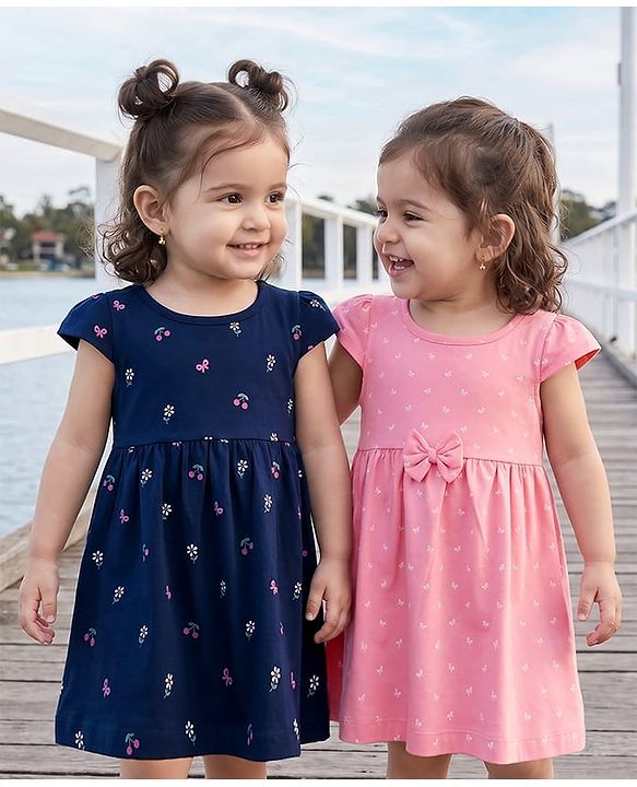 Babyhug Single Jersey Knit Half Sleeves Bow & Floral Printed Frock With Bow Applique Pack of 2 - Pink & Navy Blue