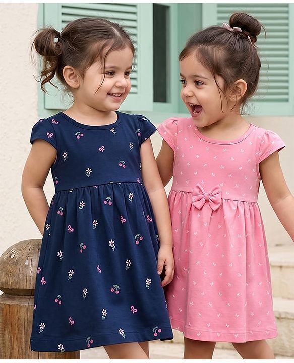 Babyhug Single Jersey Knit Half Sleeves Bow & Floral Printed Frock With Bow Applique Pack of 2 - Pink & Navy Blue
