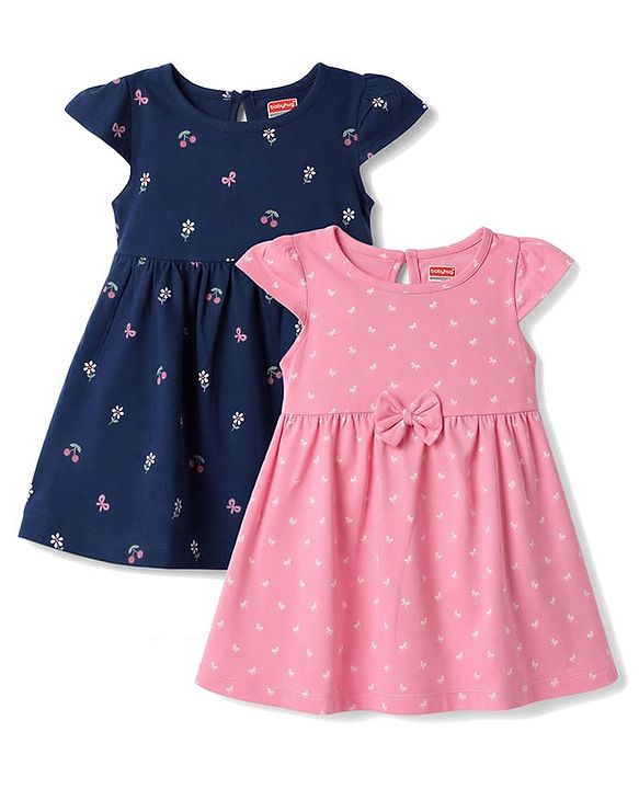 Babyhug Single Jersey Knit Half Sleeves Bow & Floral Printed Frock With Bow Applique Pack of 2 - Pink & Navy Blue