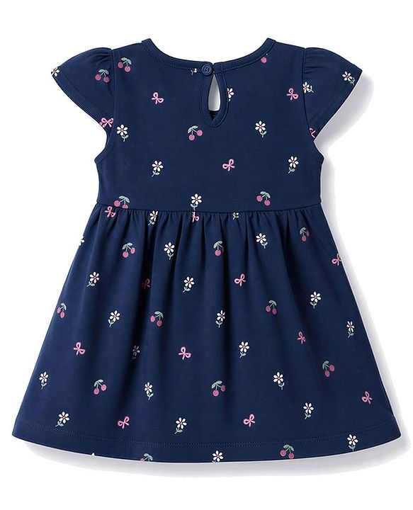 Babyhug Single Jersey Knit Half Sleeves Bow & Floral Printed Frock With Bow Applique Pack of 2 - Pink & Navy Blue