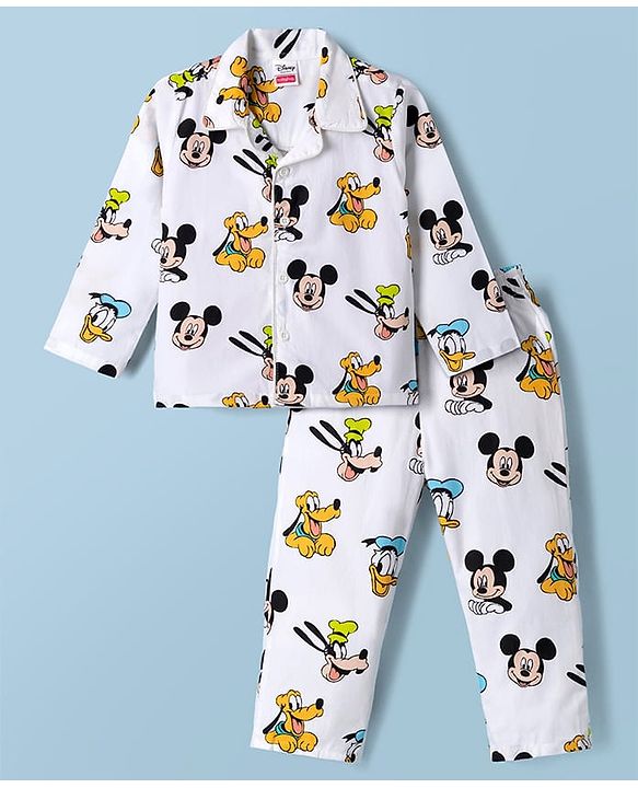 Babyhug Disney 100% Cotton Poplin Woven Full Sleeves Co-ord Shirt & Pajama Night Suit with Mickey Mouse and Friends Graphic Print - White