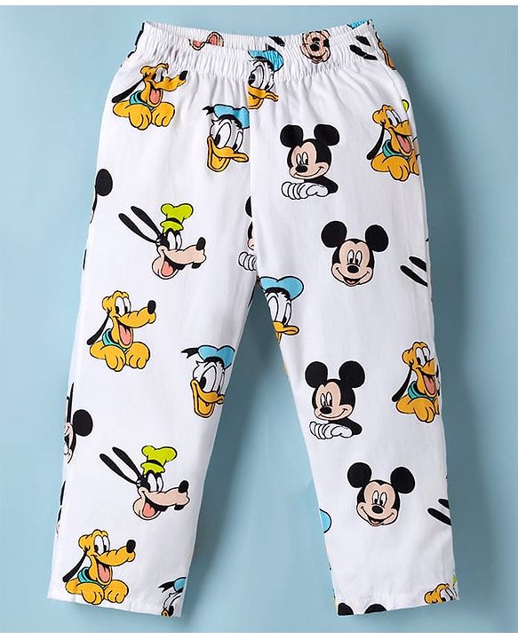 Babyhug Disney 100% Cotton Poplin Woven Full Sleeves Co-ord Shirt & Pajama Night Suit with Mickey Mouse and Friends Graphic Print - White