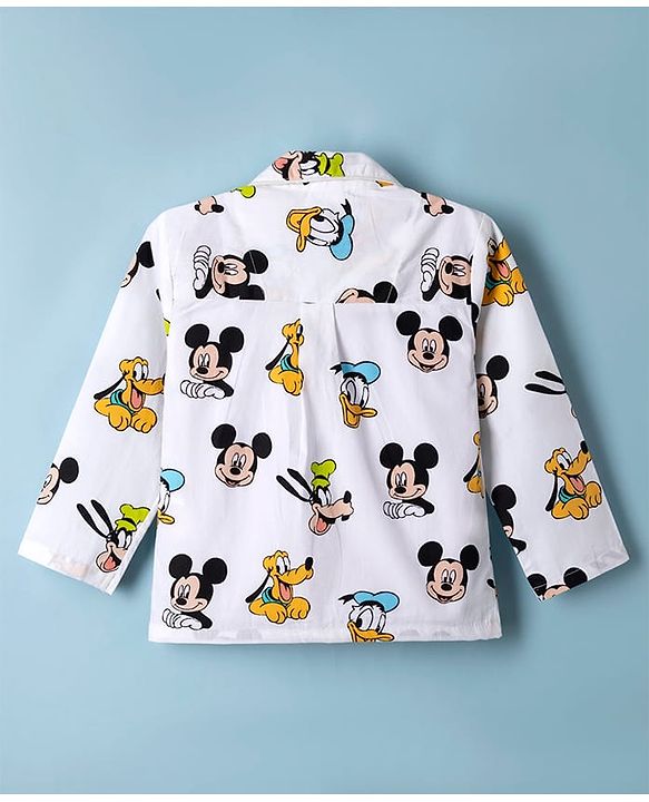 Babyhug Disney 100% Cotton Poplin Woven Full Sleeves Co-ord Shirt & Pajama Night Suit with Mickey Mouse and Friends Graphic Print - White