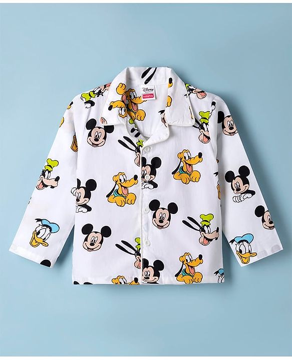 Babyhug Disney 100% Cotton Poplin Woven Full Sleeves Co-ord Shirt & Pajama Night Suit with Mickey Mouse and Friends Graphic Print - White
