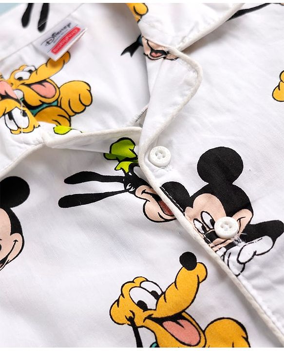 Babyhug Disney 100% Cotton Poplin Woven Full Sleeves Co-ord Shirt & Pajama Night Suit with Mickey Mouse and Friends Graphic Print - White