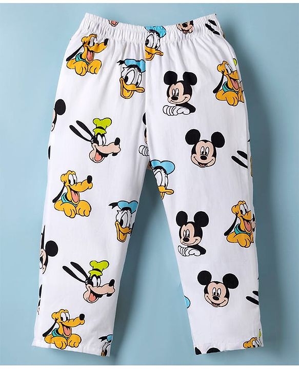 Babyhug Disney 100% Cotton Poplin Woven Full Sleeves Co-ord Shirt & Pajama Night Suit with Mickey Mouse and Friends Graphic Print - White
