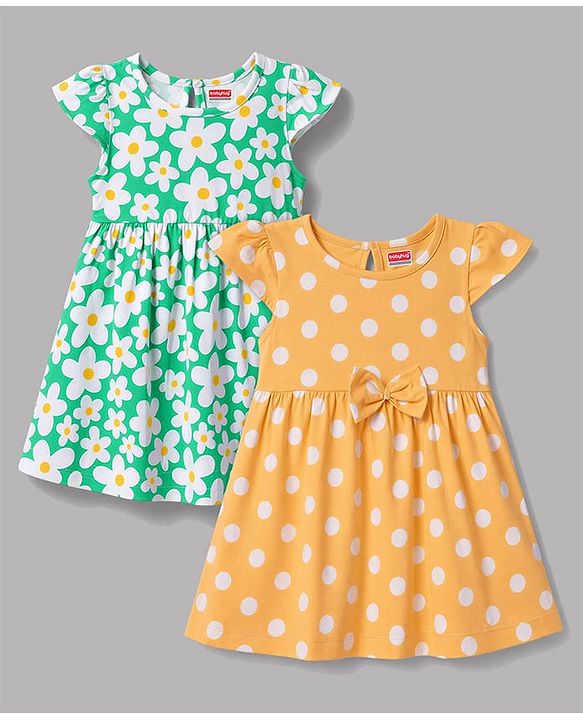 Babyhug Single jersey Knit Cap Sleeves Frock Floral & Polka Dot Print Pack of 2 - Green & Yellow