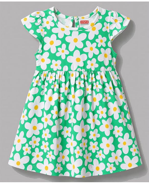 Babyhug Single jersey Knit Cap Sleeves Frock Floral & Polka Dot Print Pack of 2 - Green & Yellow