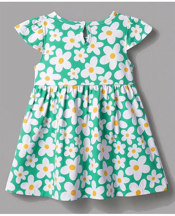 Babyhug Single jersey Knit Cap Sleeves Frock Floral & Polka Dot Print Pack of 2 - Green & Yellow