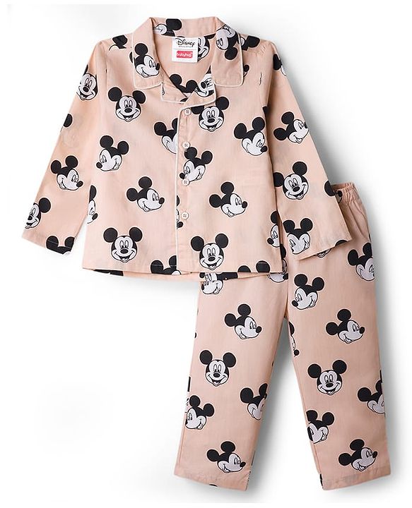 Babyhug Disney Poplin Woven Full Sleeves Co-Ords Mickey Mouse Printed Shirt & Pajama Night Suit - Peach