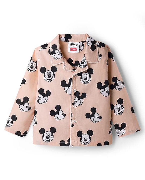 Babyhug Disney Poplin Woven Full Sleeves Co-Ords Mickey Mouse Printed Shirt & Pajama Night Suit - Peach