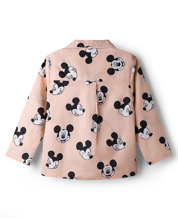 Babyhug Disney Poplin Woven Full Sleeves Co-Ords Mickey Mouse Printed Shirt & Pajama Night Suit - Peach