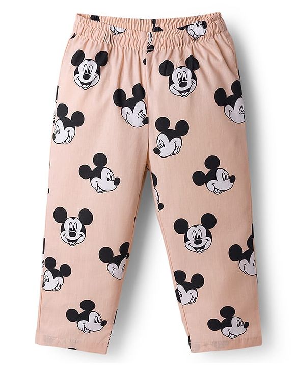 Babyhug Disney Poplin Woven Full Sleeves Co-Ords Mickey Mouse Printed Shirt & Pajama Night Suit - Peach