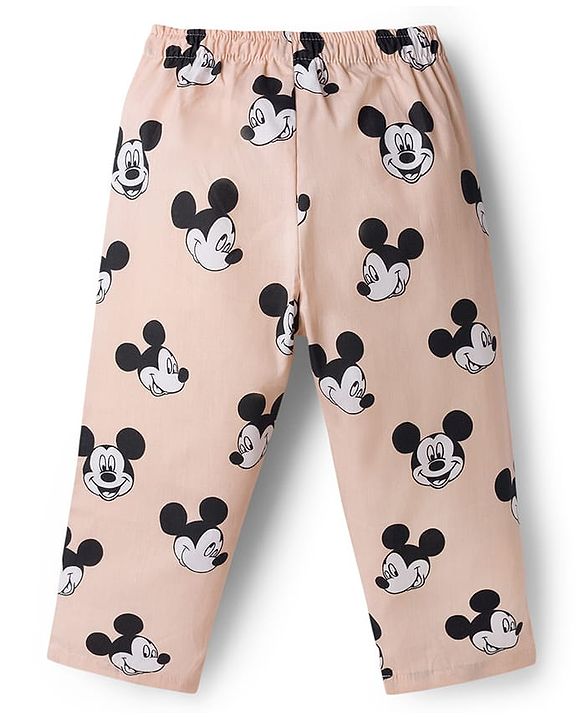 Babyhug Disney Poplin Woven Full Sleeves Co-Ords Mickey Mouse Printed Shirt & Pajama Night Suit - Peach