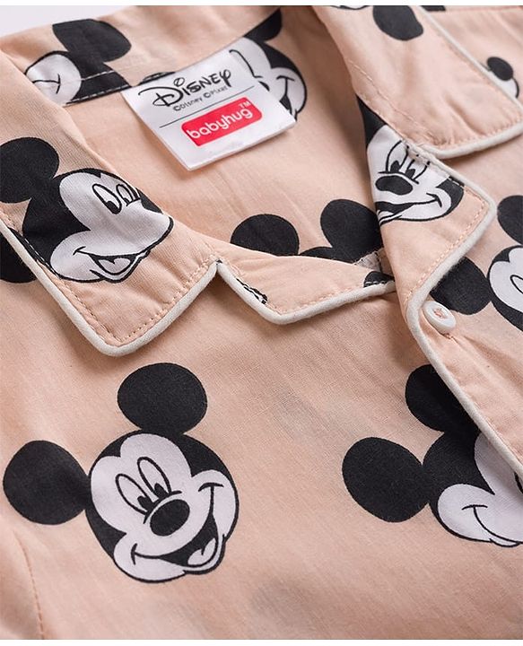 Babyhug Disney Poplin Woven Full Sleeves Co-Ords Mickey Mouse Printed Shirt & Pajama Night Suit - Peach