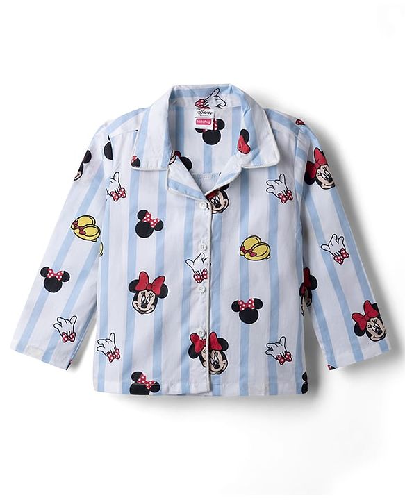 Babyhug Disney 100% Cotton Woven Full Sleeve Co-ord Shirt & Pyjama Night Suit with Minnie Mouse in Blue