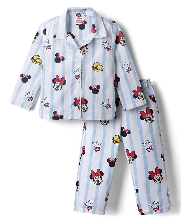 Babyhug Disney 100% Cotton Woven Full Sleeve Co-ord Shirt & Pyjama Night Suit with Minnie Mouse in Blue