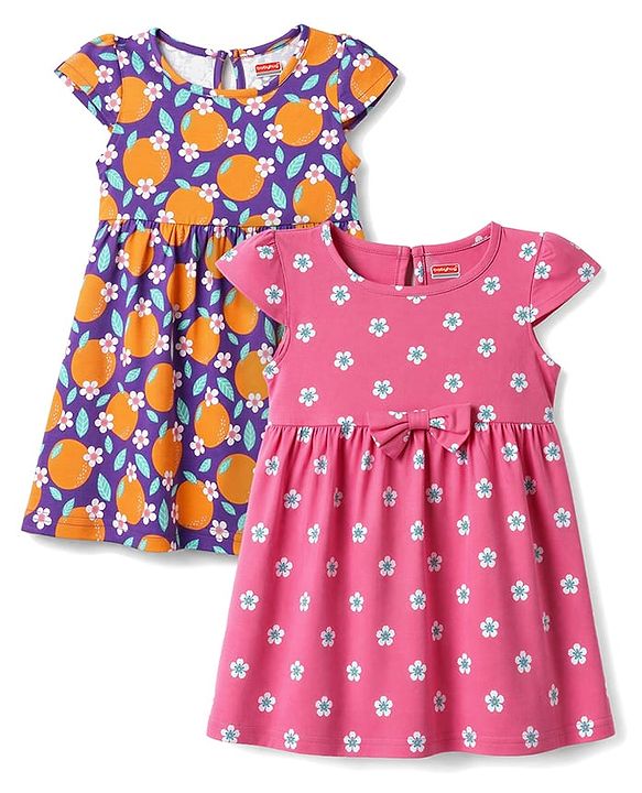 Babyhug Single Jersey Knit Cap Sleeves Floral & Tropical Theme Printed Frock With Bow Applique Pack Of 2- Pink & Purple