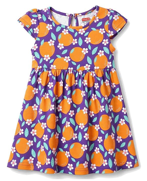 Babyhug Single Jersey Knit Cap Sleeves Floral & Tropical Theme Printed Frock With Bow Applique Pack Of 2- Pink & Purple