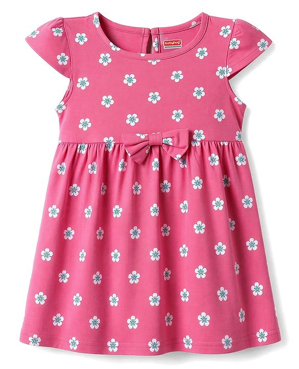 Babyhug Single Jersey Knit Cap Sleeves Floral & Tropical Theme Printed Frock With Bow Applique Pack Of 2- Pink & Purple
