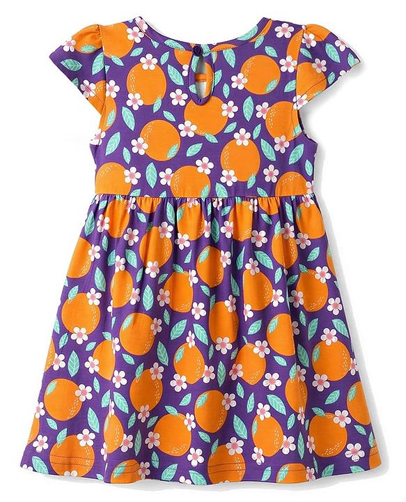 Babyhug Single Jersey Knit Cap Sleeves Floral & Tropical Theme Printed Frock With Bow Applique Pack Of 2- Pink & Purple