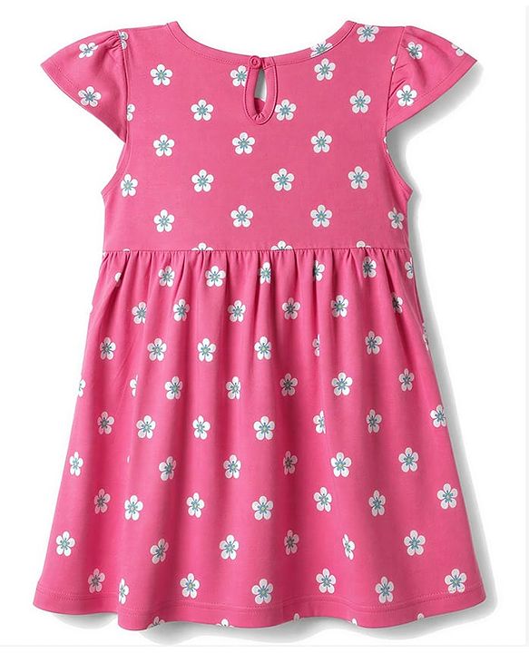 Babyhug Single Jersey Knit Cap Sleeves Floral & Tropical Theme Printed Frock With Bow Applique Pack Of 2- Pink & Purple