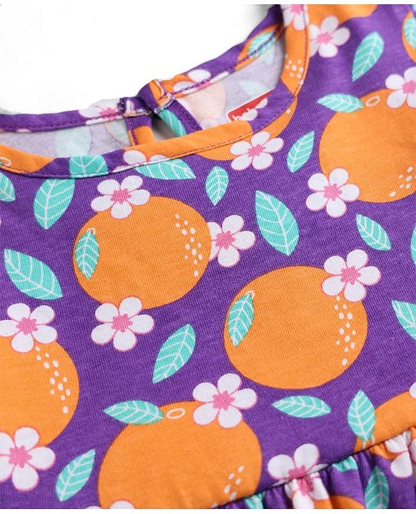 Babyhug Single Jersey Knit Cap Sleeves Floral & Tropical Theme Printed Frock With Bow Applique Pack Of 2- Pink & Purple