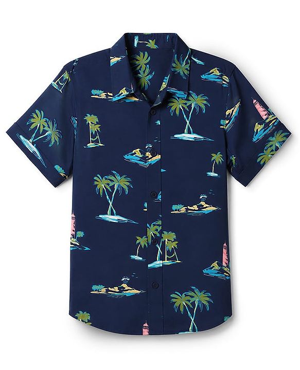 Pine Kids Woven Half Sleeves Shirt with Tropical Theme Print - Blue