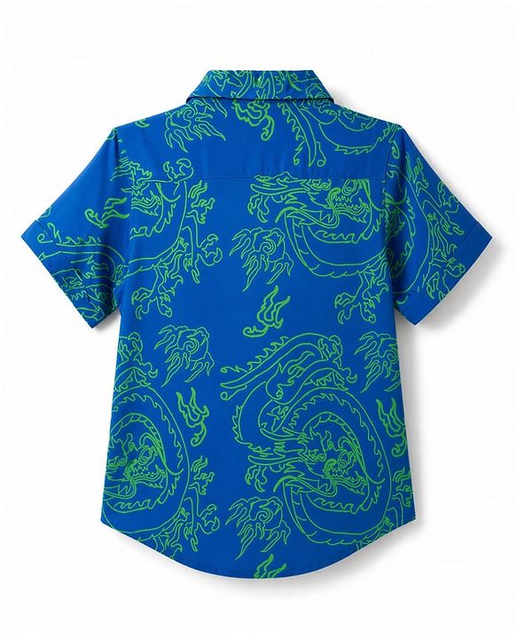 Pine Kids Cotton Knit Printed Shirt with Half Sleeves and Dragon Print - Blue