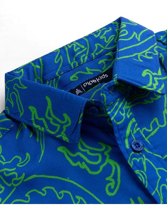 Pine Kids Cotton Knit Printed Shirt with Half Sleeves and Dragon Print - Blue