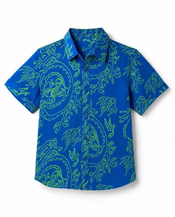 Pine Kids Cotton Knit Printed Shirt with Half Sleeves and Dragon Print - Blue