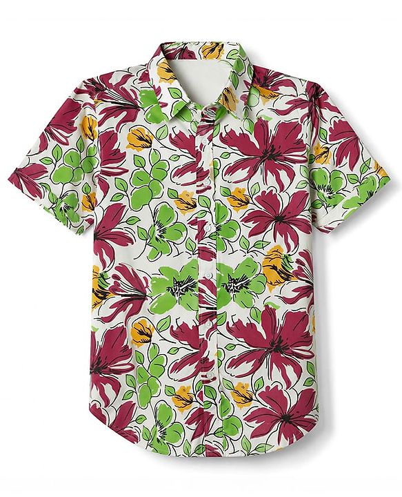 Pine Kids Viscose Knit Half Sleeves Printed Shirt with Floral Print - Green