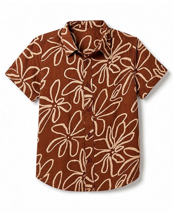 Pine Kids Viscose Knit Half Sleeves Floral Printed Shirt - Brown