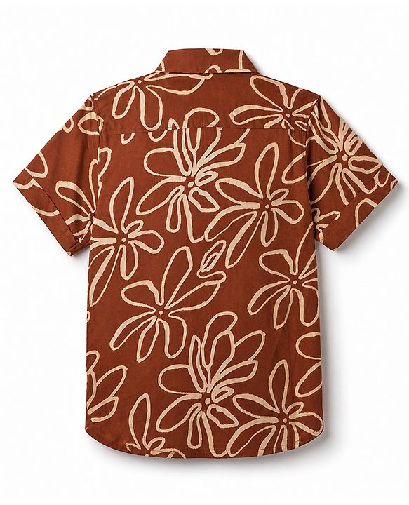 Pine Kids Viscose Knit Half Sleeves Floral Printed Shirt - Brown