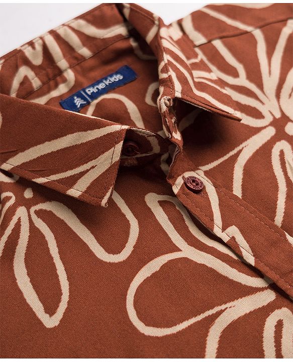 Pine Kids Viscose Knit Half Sleeves Floral Printed Shirt - Brown