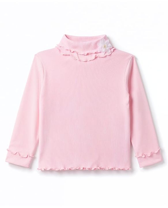 Babyhug Cotton Knit Full Sleeves Solid Color Ribbed Winter T-Shirt with Ruffled Detailing - Light Pink