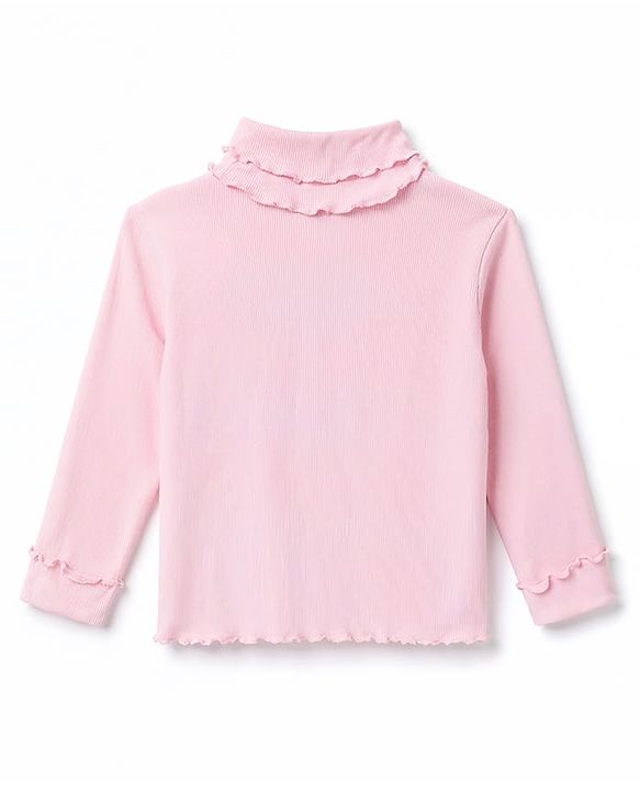Babyhug Cotton Knit Full Sleeves Solid Color Ribbed Winter T-Shirt with Ruffled Detailing - Light Pink