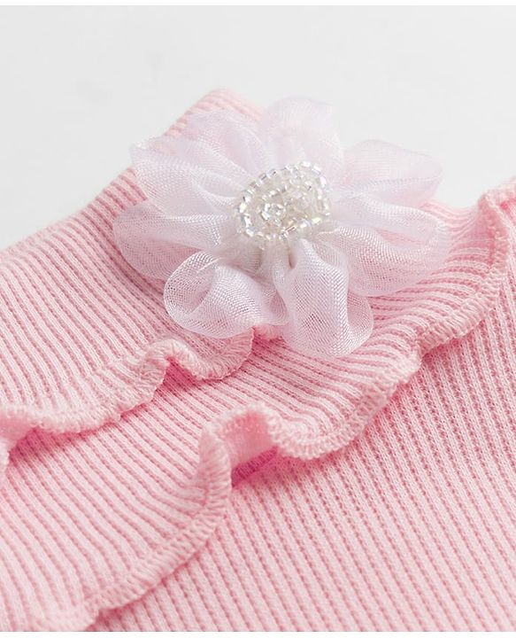 Babyhug Cotton Knit Full Sleeves Solid Color Ribbed Winter T-Shirt with Ruffled Detailing - Light Pink