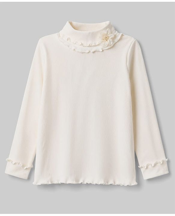 Babyhug Cotton Knit Full Sleeves Solid Color Ribbed Winter T-Shirt with Ruffled Detailing - Off White