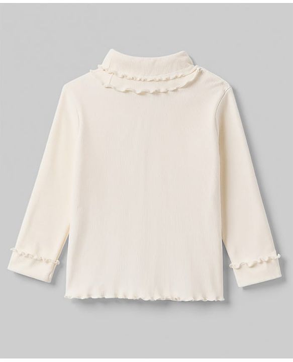Babyhug Cotton Knit Full Sleeves Solid Color Ribbed Winter T-Shirt with Ruffled Detailing - Off White