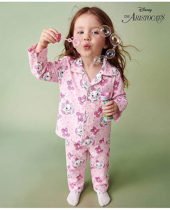 Babyhug Disney Poplin Woven Full Sleeves Shirt & Pyjama Co-ords Night Suit With Marie Graphic - Pink