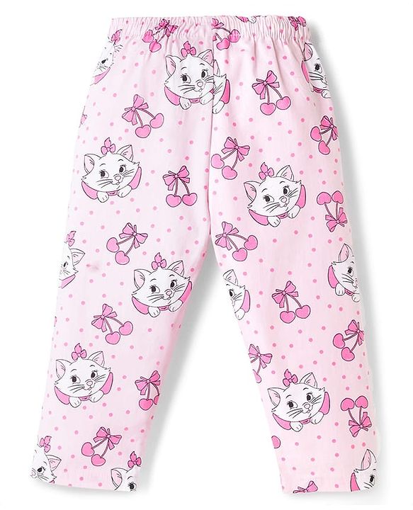 Babyhug Disney Poplin Woven Full Sleeves Shirt & Pyjama Co-ords Night Suit With Marie Graphic - Pink