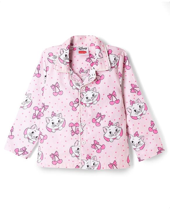 Babyhug Disney Poplin Woven Full Sleeves Shirt & Pyjama Co-ords Night Suit With Marie Graphic - Pink